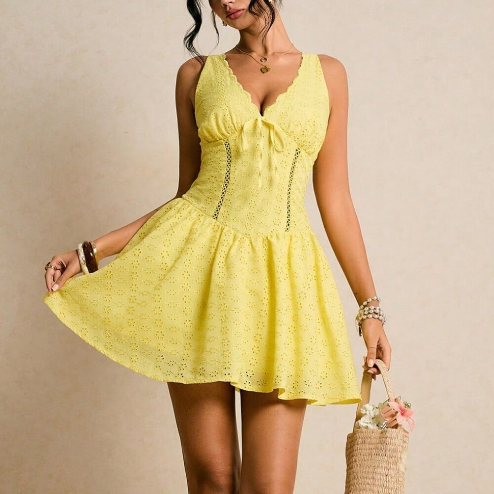 Yellow Boho Women's Embroidered Mini Dress - Picture 4 of 8